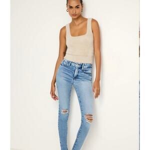 Good American High Rise Flattering Light Wash Busted Knee Raw Hem Jeans